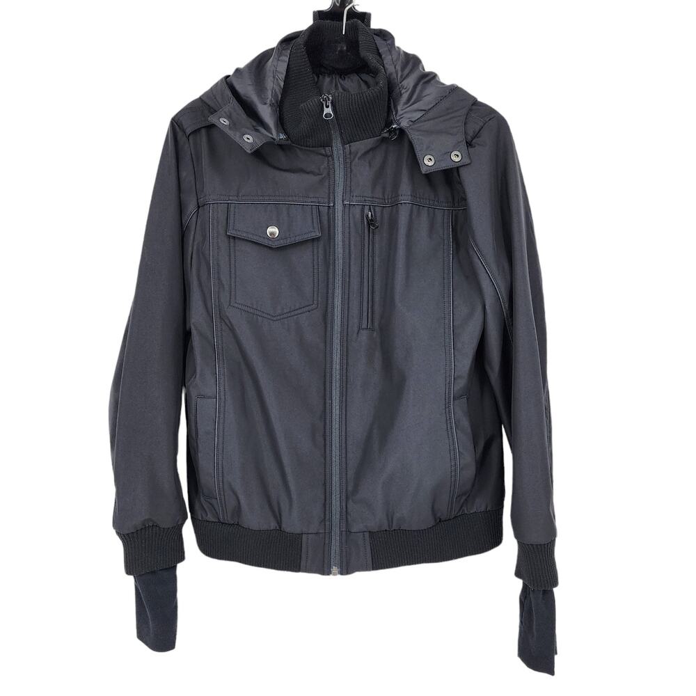 Baubax Black Travel Bomber Zip Jacket W/ Neck Pillow Hood & Zip Pockets Size L